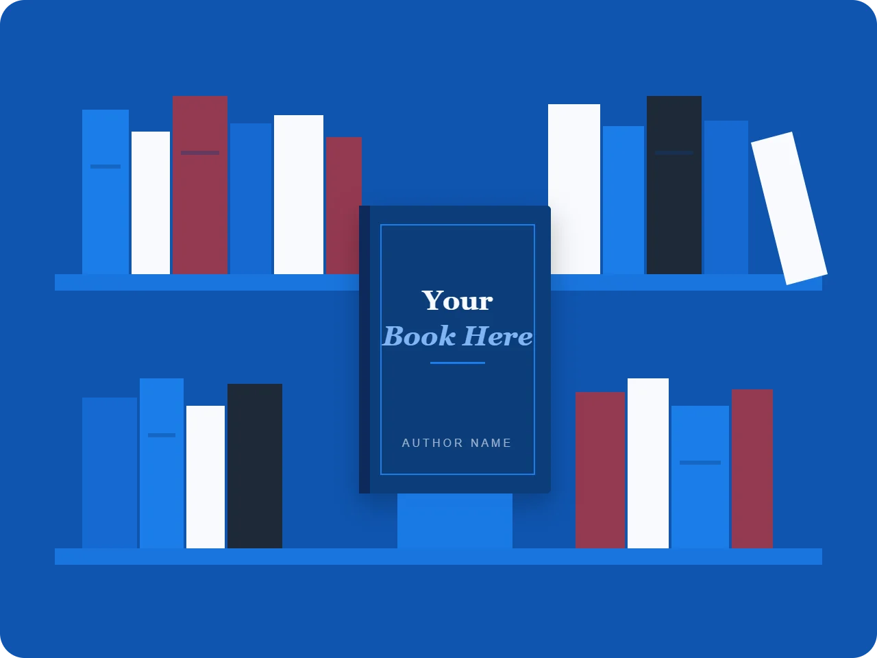 A bookshelf of published titles with a featured book displayed face-out