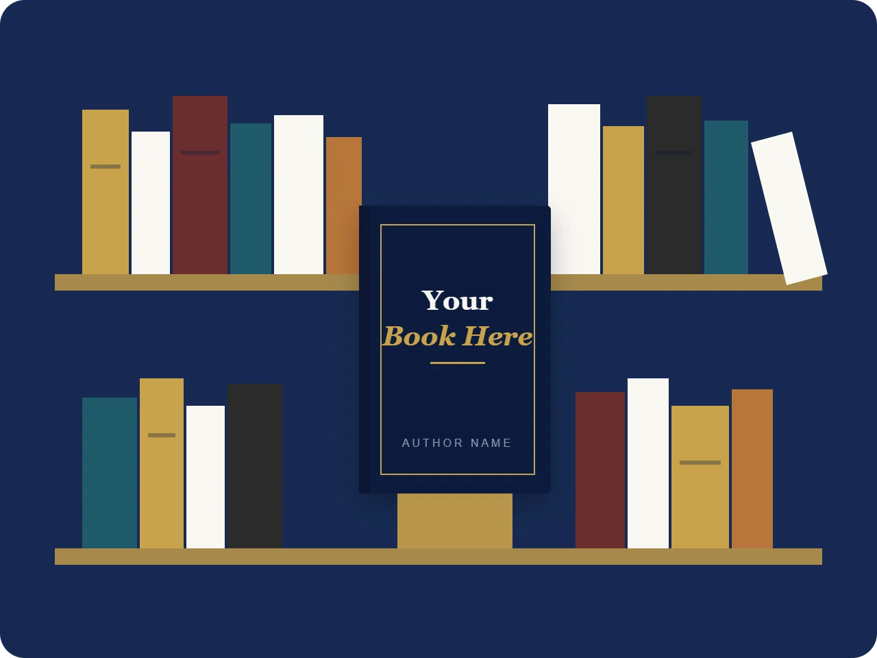 A bookshelf of published titles with a featured book displayed face-out