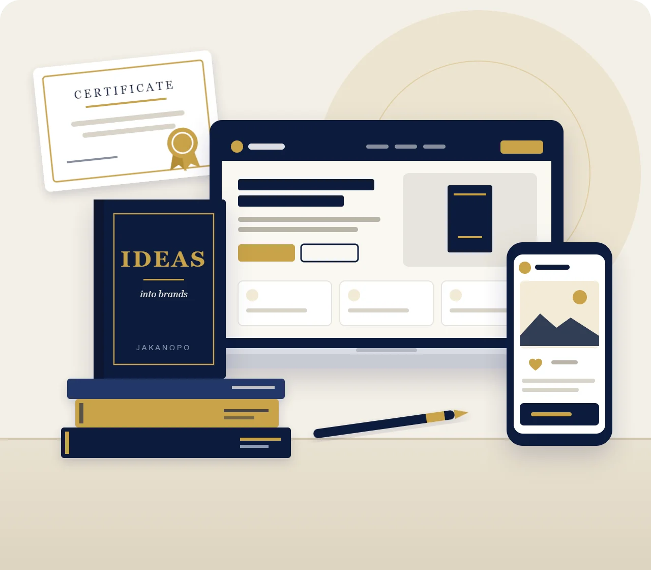 A published book, a professional website on a laptop, a training certificate and a social media post on a phone