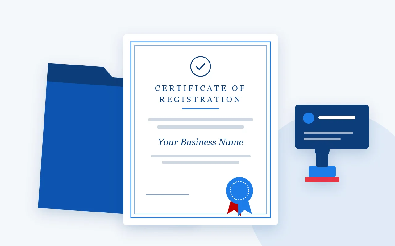 A business registration certificate with an official seal, a folder, a stamp and a business card