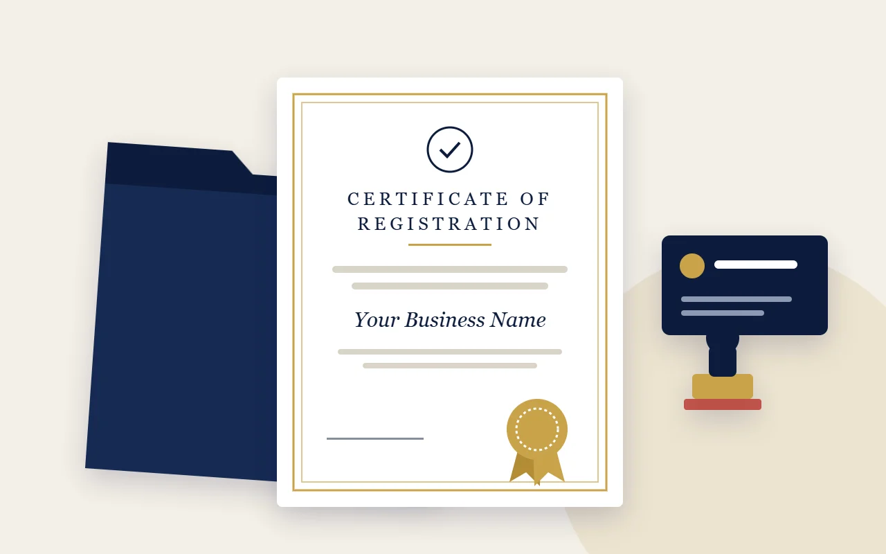 A business registration certificate with an official seal, a folder, a stamp and a business card