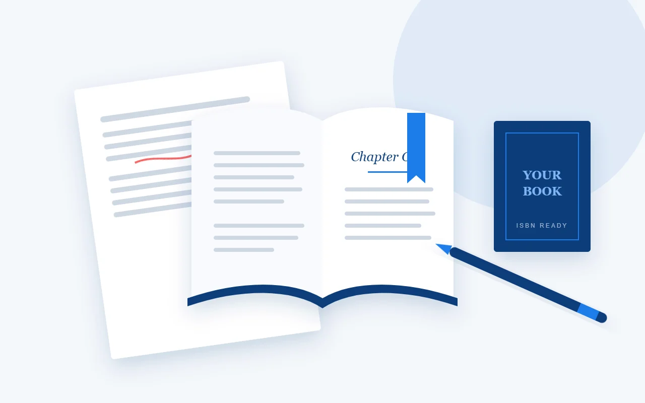 An open book resting on manuscript pages with a pen and a bookmark