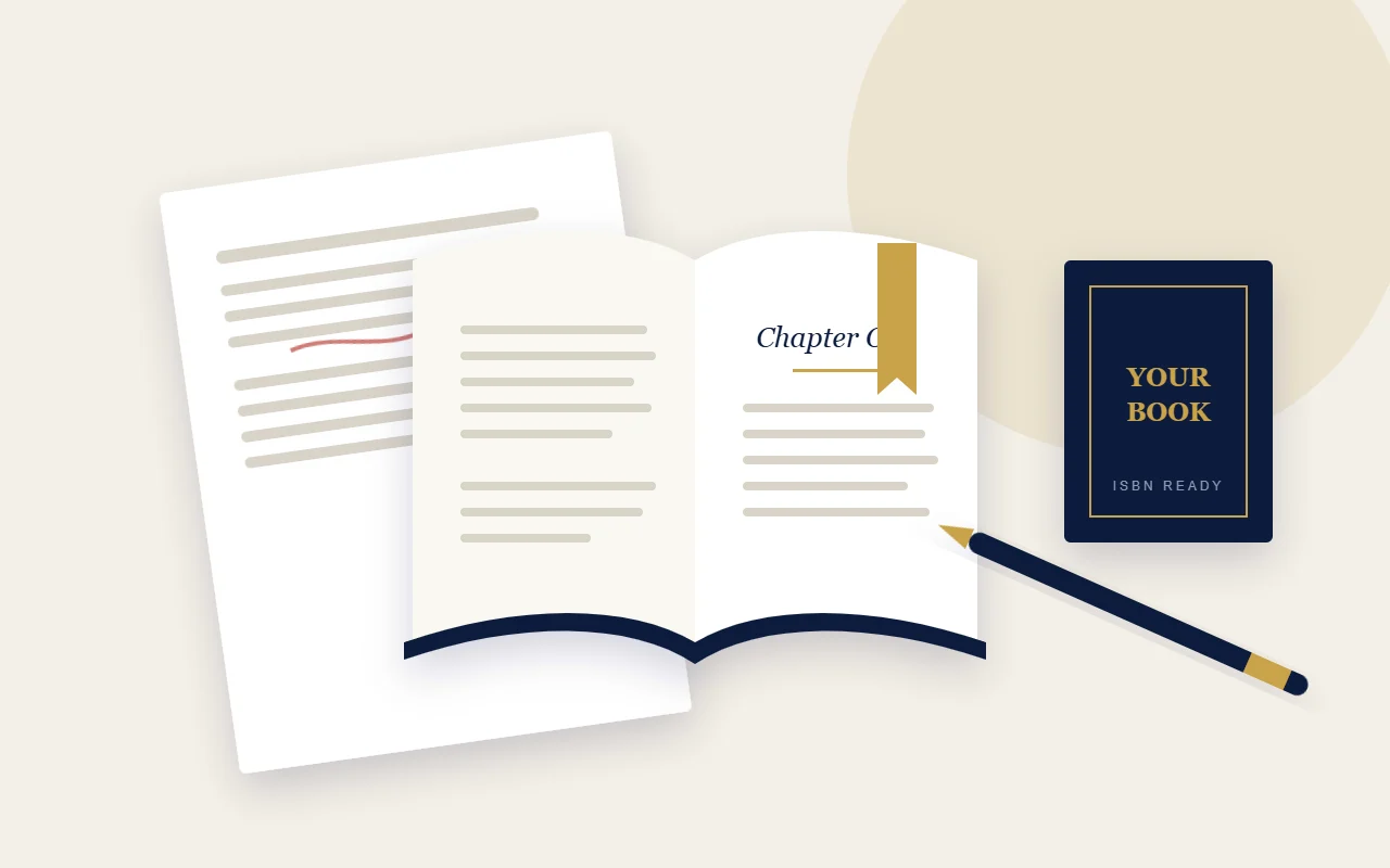 An open book resting on manuscript pages with a pen and a gold bookmark