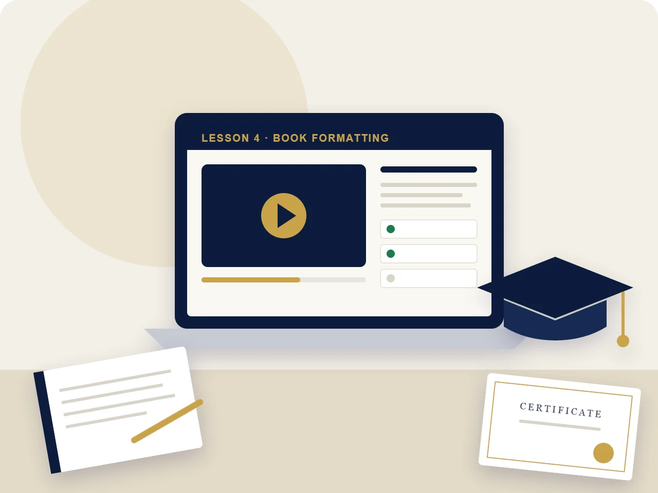 A study desk with a laptop showing a publishing lesson, a notebook, a graduation cap and a certificate